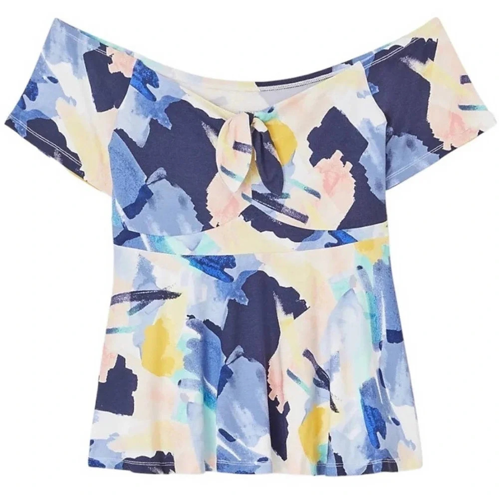 Torrid Women’s Plus Size 5X Blue Yellow Baby Doll Off the Shoulder Top